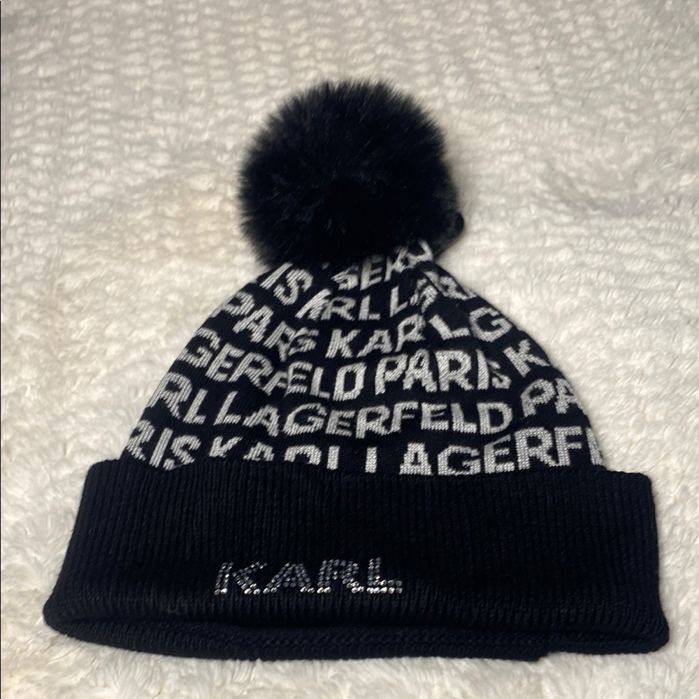 Karl Lagerfeld Black and White Pom-Pom Beanie Hat